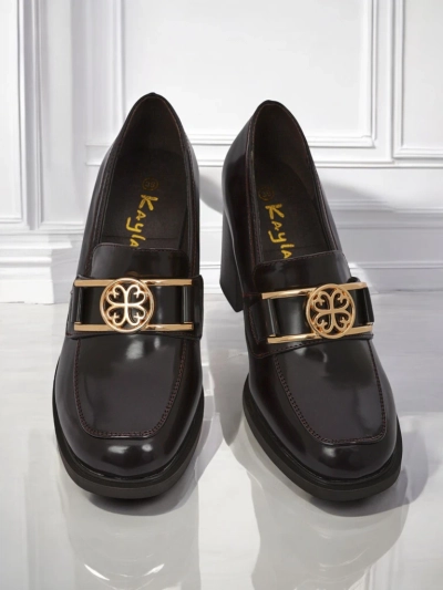 Damen Loafer Persephone Nero mit Blockabsatz Öko-Leder goldene Schnalle