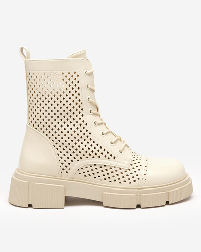 Beige Damenstiefel mit Lochmuster und flachem Absatz Rolika - Footwear