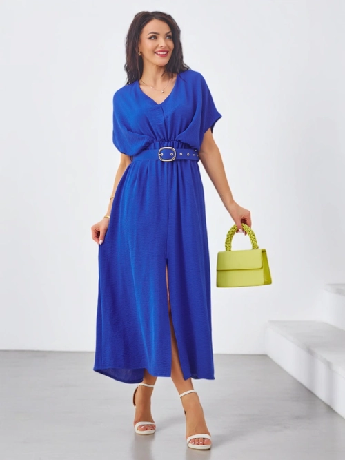 Royalfashion Жіноча міді-сукня з короткими рукавами, V-подібним вирізом та розрізом посередині