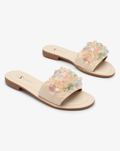 Royalfashion Beige Damen Flip-Flops mit bunten Kristallen Bling Breeze