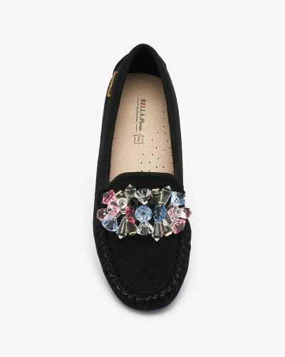 Royalfashion Durchbrochene schwarze Damenmokassins mit dekorativen Kristallen Cizzas