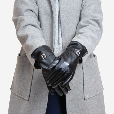 Schwarze klassische Damenhandschuhe aus Ökoleder mit Schnalle - Accessoires