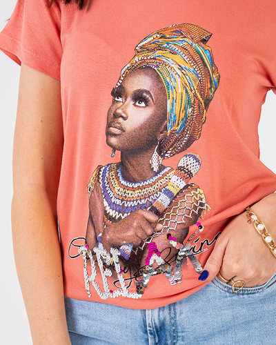 Orangefarbenes Damen-T-Shirt mit buntem Aufdruck und Pailletten - Kleidung