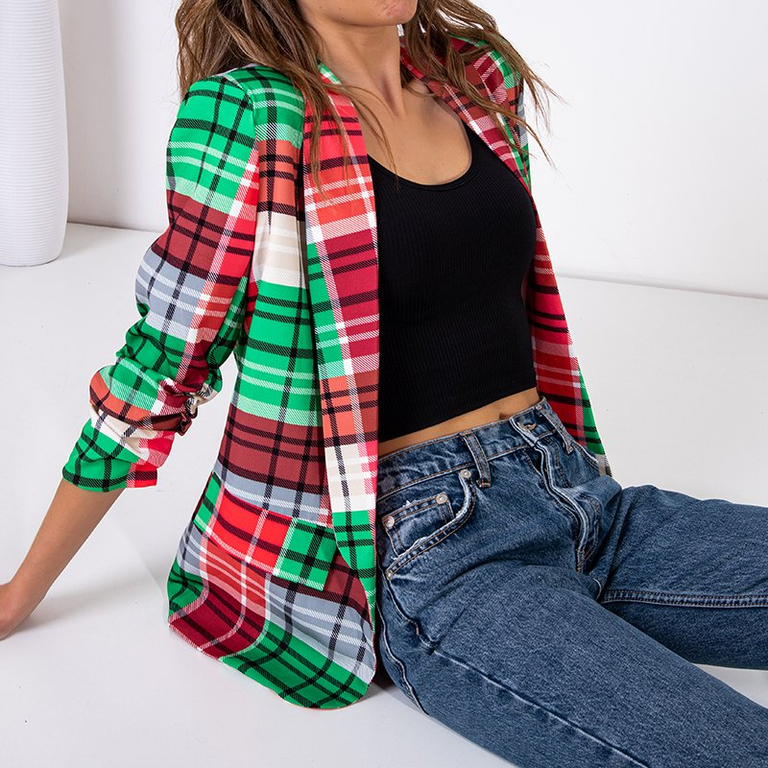 Grün und rot karierter Damenblazer mit Futter - Kleidung