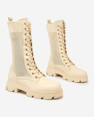 Royalfashion Damen durchbrochene cremefarbene Schnürstiefel Buhomias