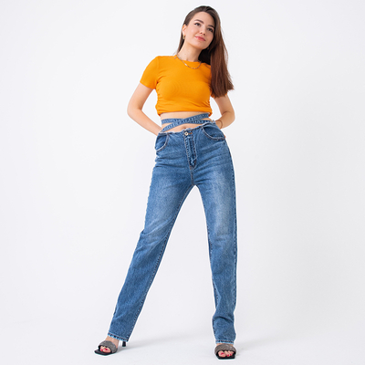Blaue Boyfriend-Denim-Jeans für Damen mit dekorativem Gürtel - Kleidung