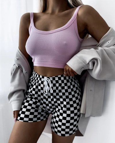 Чорно-білі жіночі короткі шорти з картатої тканини PLUS SIZE- Одяг