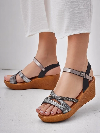 Royalfashion Damen Wedgesandalen mit Strass und Glitzer Eclat