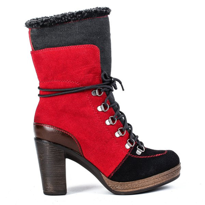 Red-black boots on the post with sheepskin coat - Footwear