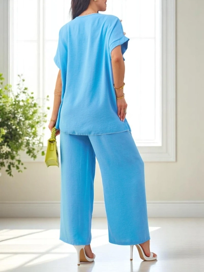 Royalfashion Damen Baumwollset mit kurzen Ärmeln und weiten Hosen