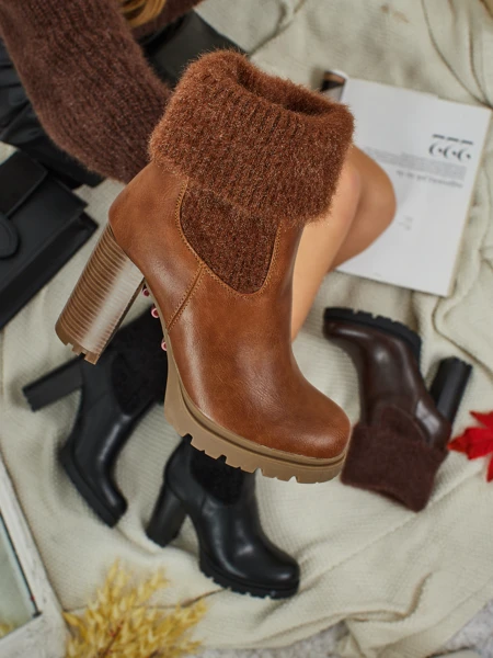 Damen Stiefeletten aus Öko-Leder mit Blockabsatz und Strick Tirave