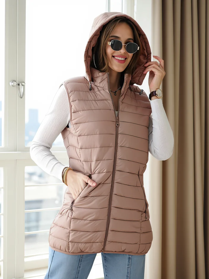 Royalfashion Damen ärmellose Jacke mit abnehmbarem Kapuzen