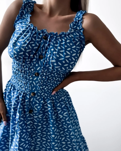 Knielanges Damenkleid mit Print in Blau- Kleidung