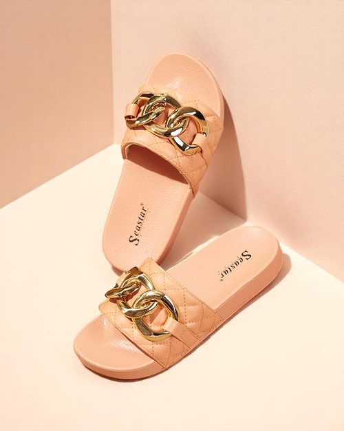 Жіночі коралові стьобані босоніжки із золотим ланцюжком Eteris - Взуття