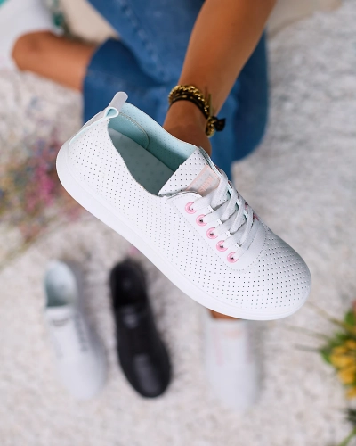 Royalfashion Weiße durchbrochene Damen-Sneaker mit rosa Einsätzen Akeria