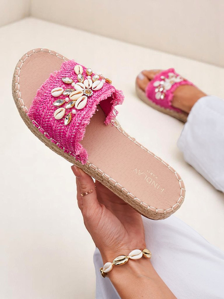 Damen Pantoletten Royalfashion Callista Fuchsia auf Plateau mit Muscheln