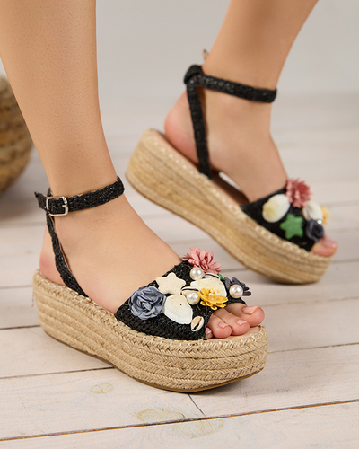Schwarze Damensandalen a'la Espadrilles mit dekorativem Obermaterial Soramis - Footwear