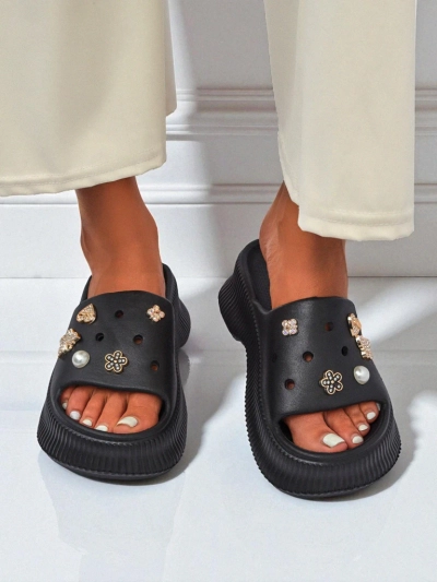 Royalfashion Damen-Gummislipper mit Slash Glam Verzierungen
