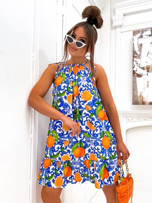 Royalfashion Жіноча міні-сукня на тонких бретелях із поясом на талії та модним помаранчевим принтом