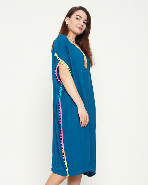 Бірюзова жіноча літня пляжна туніка з помпонами - Одяг