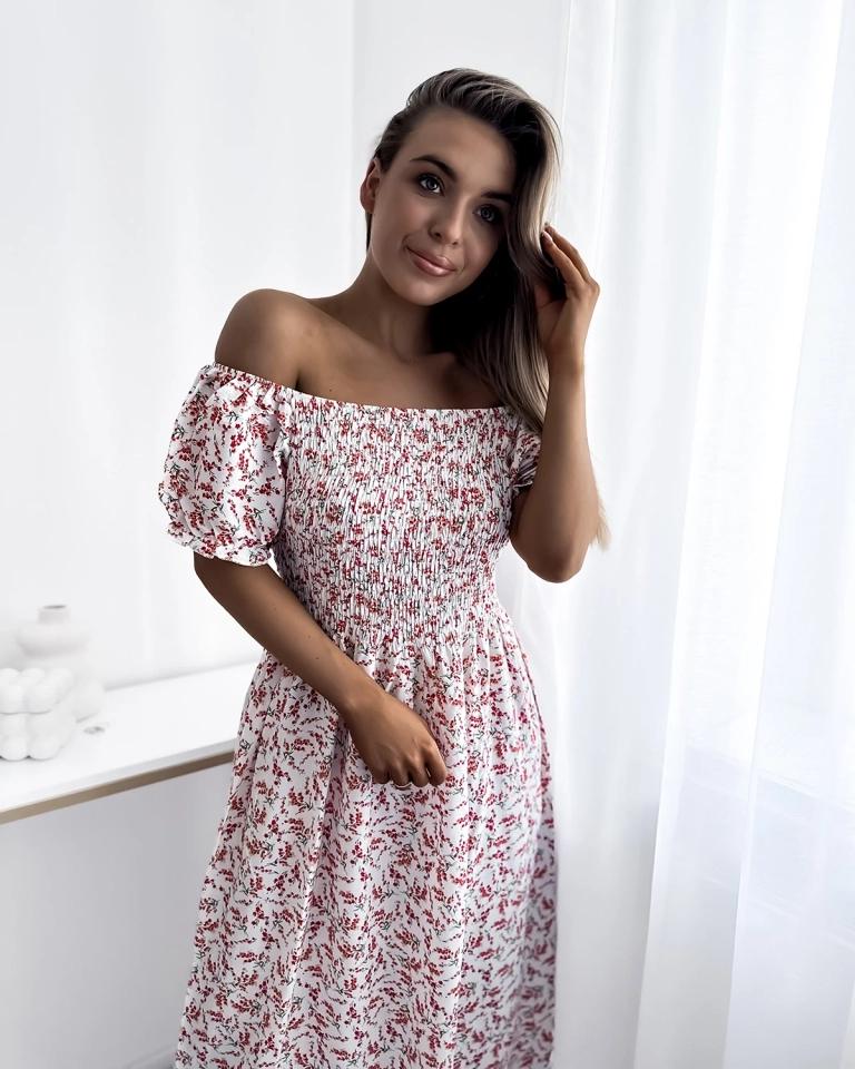 Weißes, geblümtes Damen-Midikleid - Kleidung