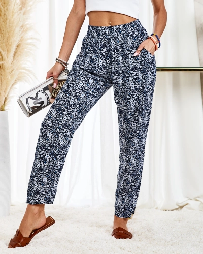 Royalfashion Marineblaue Damen-Stoffhose mit weißen Blumen