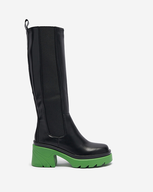 Чорні жіночі чоботи на суцільній зеленій підошві Beriwa - Взуття