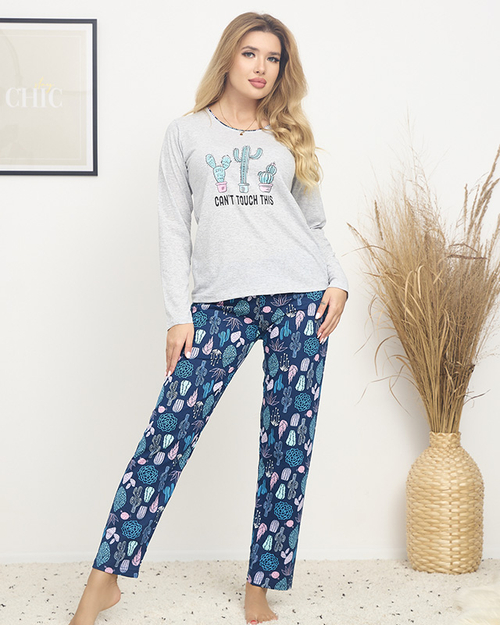 Сіро-блакитна жіноча піжама з принтом - Одяг