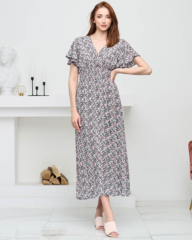 Hellrosa Damen-Maxikleid mit Blumen - Kleidung