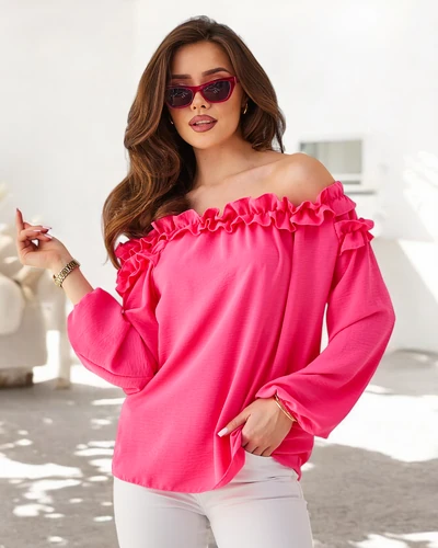 Royalfashion Damen-Bluse mit schulterfreiem Schnitt und Rüschen