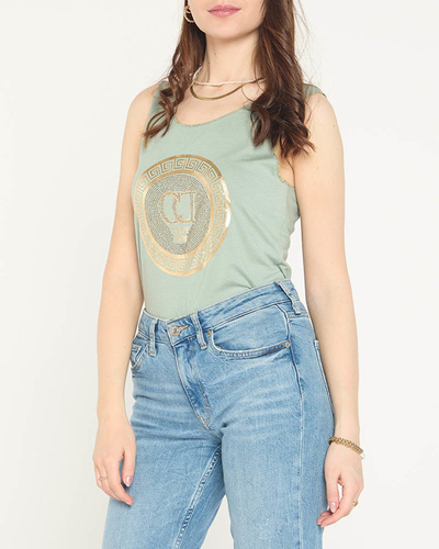 Dunkelgrüne Schulterbluse mit Print und Zirkonia - Bekleidung