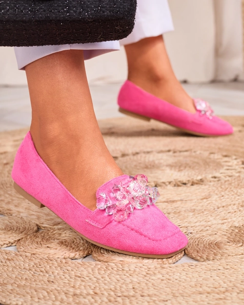 Неонові рожеві жіночі мокасини Royalfashion з різнокольоровими кристалами Setmika