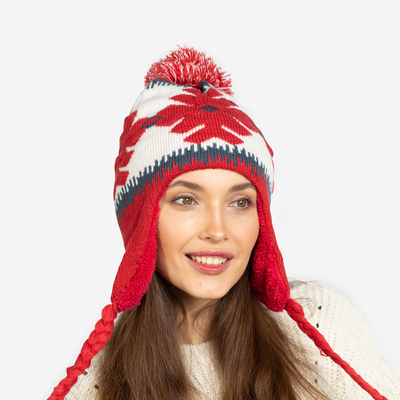 Rote Damenmütze mit Schneeflocken und Bommeln - Accessoires