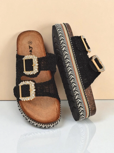 Royalfashion Damensandalen mit Strassschnallen GlamCork