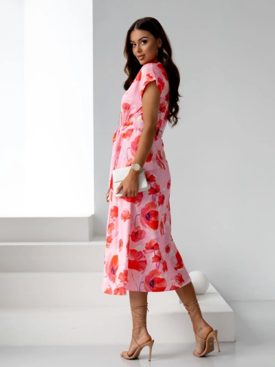 Royalfashion Damen Midi-Kleid mit kurzen Ärmeln, Wickelausschnitt in Frühlingsblumen