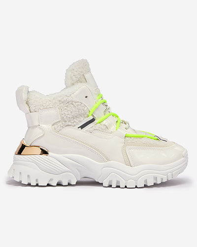 Weiße Damen-Sportschuhe mit Pelz und neongrünen Schnürsenkeln Sagglo- Footwear