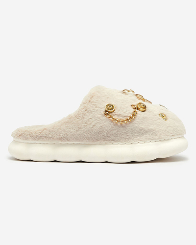 Royalfashion Beige Damenpelzpantoffeln mit Ornamenten Erserra