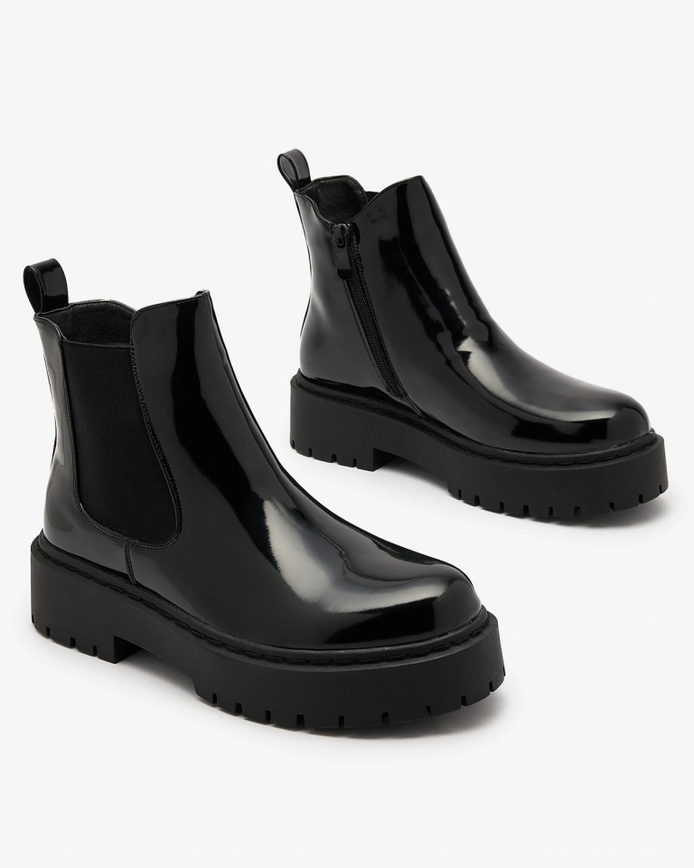 Royalfashion Schwarz lackierte Damenstiefel ohne Absatz Glossy Chic Stiefel