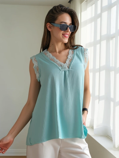 Royalfashion Damen Ärmellose Bluse mit Spitze