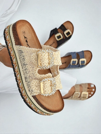 Royalfashion Damen-Pantoletten mit Strassschnallen GlamCork
