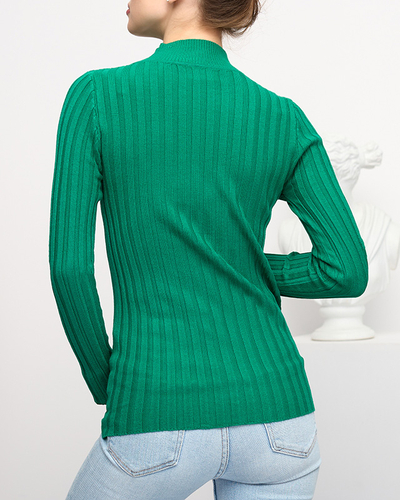 Grüner gerippter Damenpullover mit Stehkragen - Kleidung