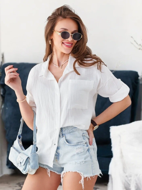 Royalfashion Жіноча бавовняна сорочка з тисненням, V-подібним вирізом та рукавами 3/4