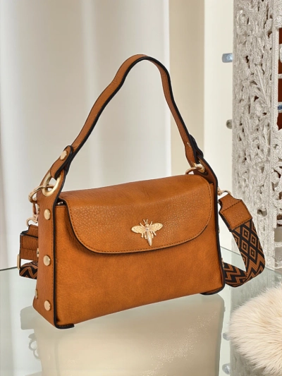 Damen Handtasche Minerva gelb aus Öko-Leder, goldene Bienen-Verzierung, Boho-Riemen