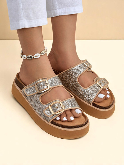 Royalfashion Damen Pantoletten mit Plateausohle Nora Woven