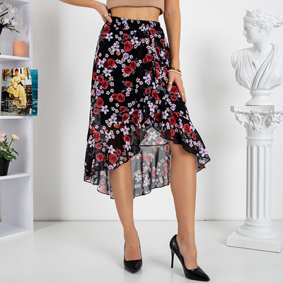 Чорна асиметрична спідниця з червоним квітковим принтом