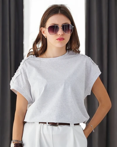 Royalfashion Baumwoll-Damen-T-Shirt mit Spitzenärmeln