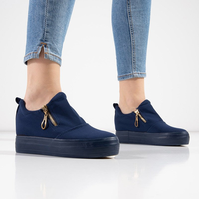 Dunkelblaue Damenbrogues auf einem Indoor-Keilabsatz mit goldenen Reißverschlüssen Leonita - Footwear
