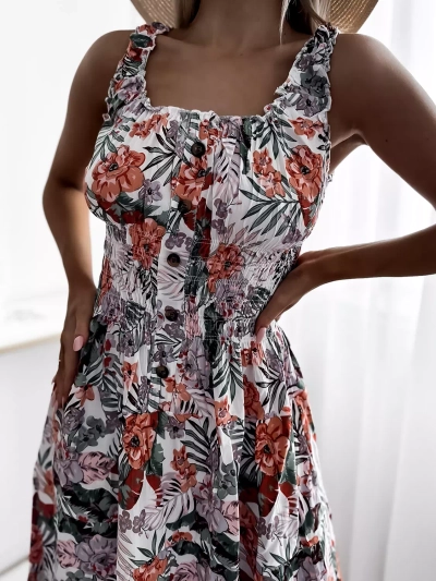 Weißes knielanges Damenkleid mit Blumenmotiv- Kleidung