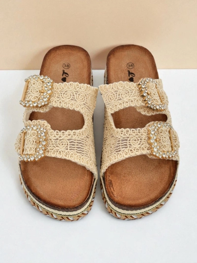 Royalfashion Damen-Pantoletten mit Strassschnallen GlamCork