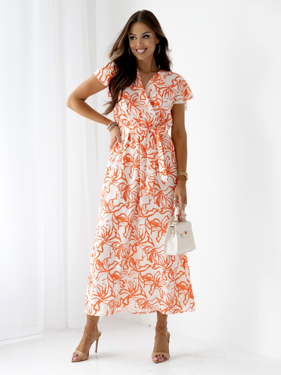 Royalfashion Gemustertes Damen-Midikleid mit kurzen Ärmeln, Wickelausschnitt und Gürtel